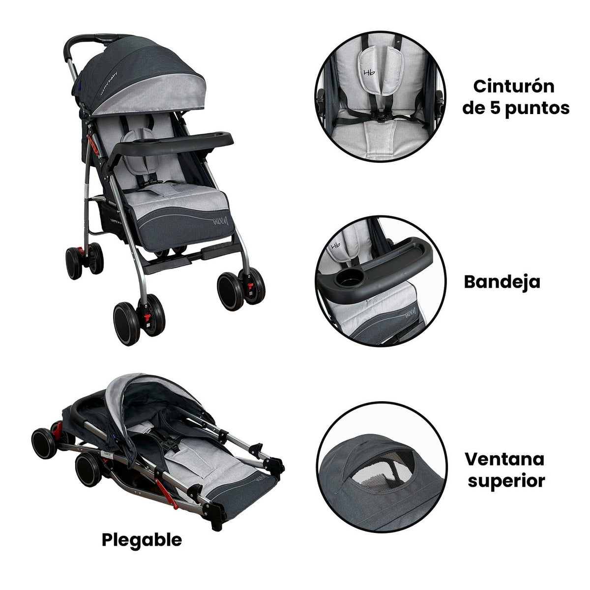 Coche Paseador Owen Gris Happy Baby